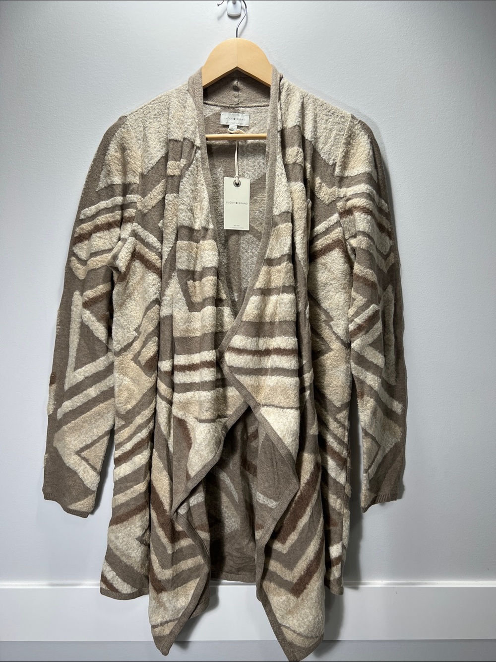 NWT Lucky Brand Taupe and Cream Geometric Drape Cardigan - Small